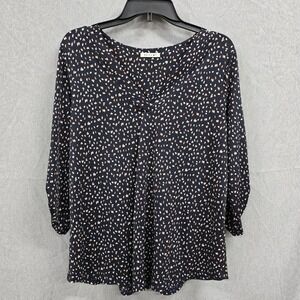 Beacon Women Navy Blue Abstract Dot V-Neck Roll-Tab Sleeve Blouse Top Medium